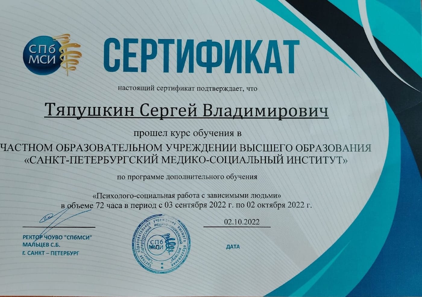 Психолого-социальная работа с зависимыми людьми — документ Санкт-Петербургский Медико-Социальный Институт (СПбМСИ), 2022 год